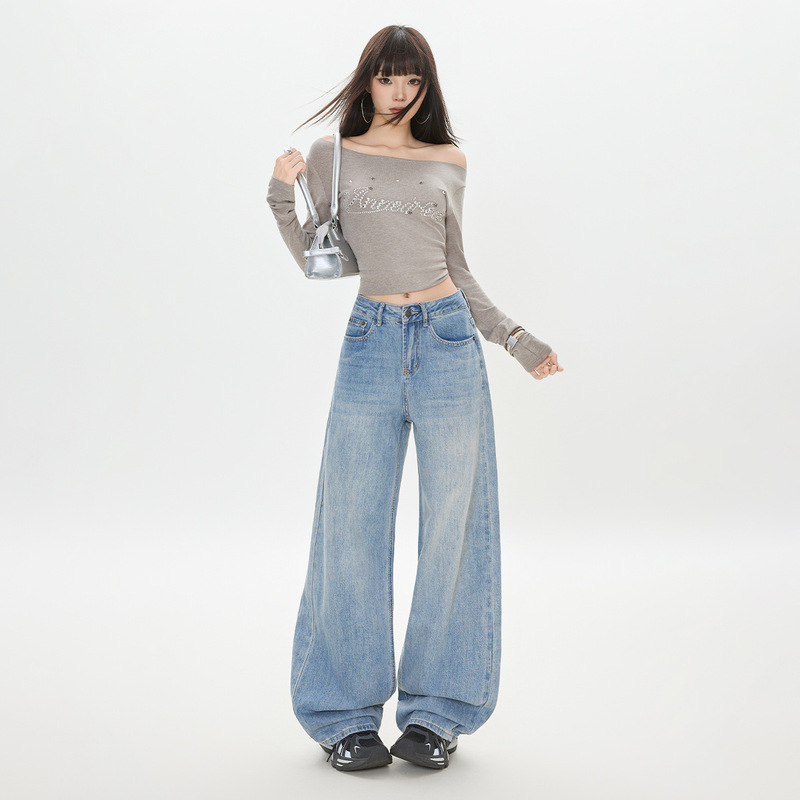 American-Style Straight-Leg Jeans for Women, Fall 2025, Simple and Relaxed Style, High-Waisted, Slimming, Casual Wide-Leg Floor-Length Pants American-Style Straight-Leg Jeans for Women, Fall 2025, Simple and Relaxed Style, High-Waisted, Slimming, Casual Wide-Leg Floor-Length Pants