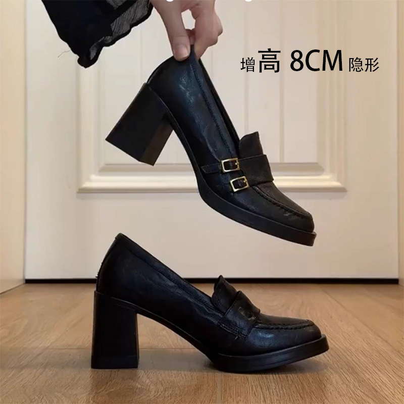牛皮现货！粗跟增高一脚蹬乐福鞋女皮带扣百搭高跟圆头通勤小皮鞋|undefined