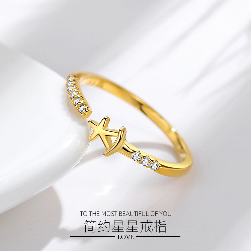 S925 Estrella de plata esterlina anillo femenino japonés y coreano diamante estrella de cinco puntas sonrisa coreano anillo único viento frío boca abierta diseño sentido