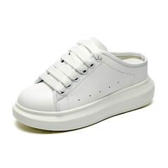 Women's Half-Height White Shoes with Inner Lift, New 2024 Summer Genuine Leather McCuen Slippers with Toe Cap, Small Sizes 31, 32, 33, Thick Soles