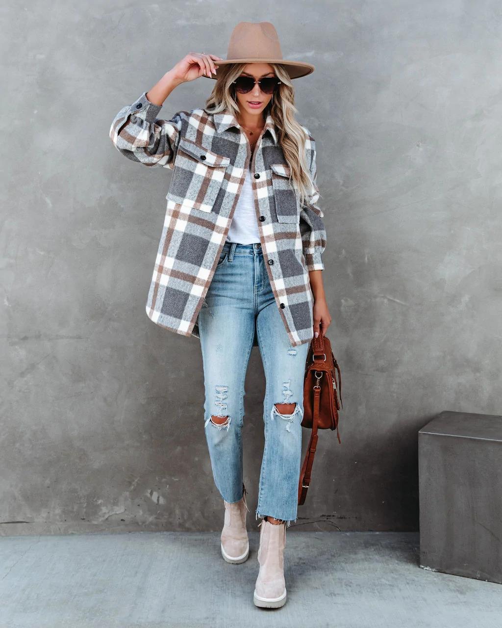 long sleeve plaid casual woolen shirt jacket NSHFC136793