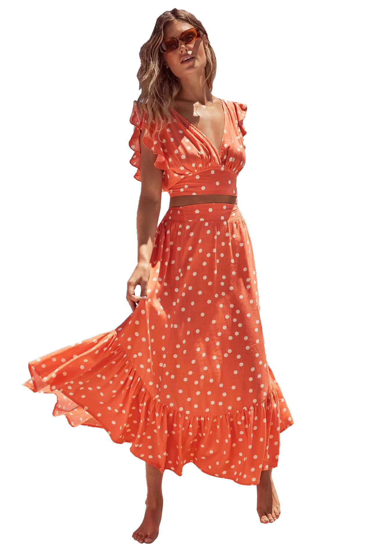 Low-Cut V-Neck Polka Dot Print Ruffle Stitching Set NSHM114933