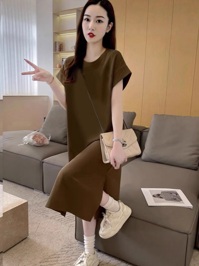 대외 무역 국경 간 한국식 플라잉 슬리브 플러스 사이즈 드레스 루즈 캐주얼 다용도 슬릿 무릎 길이 게으른 롱 스커트 기질