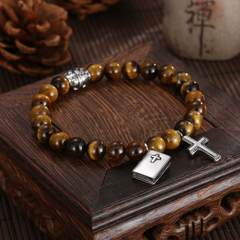 30g Weight Casual Punk Cross Crown Natural Stone Agate 18K Gold Plated Vacuum Plating Men's Bracelets Men Beaded Bracelets