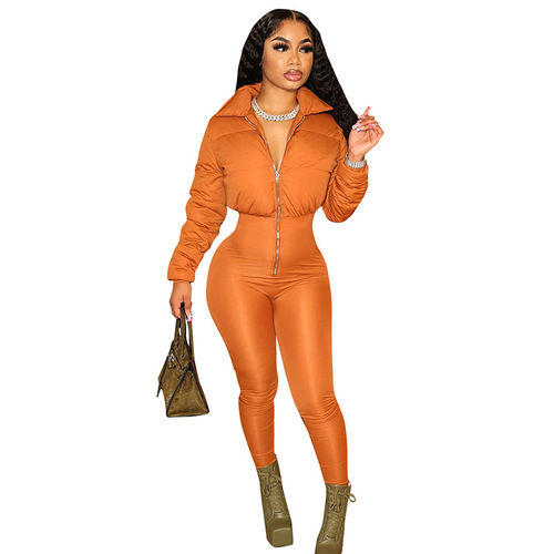 K23JP575 Women's Street Fashion Elastic Zipper Warm Cotton Parka Jumpsuit Slimming Long Pants