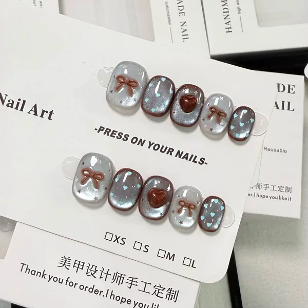 [Afternoon Tea] Autumn and Winter Blue Brown Cat Eye Handmade Wearable Nails Sweet Cool Style Cute Manicure Bow Fake Nail Stickers