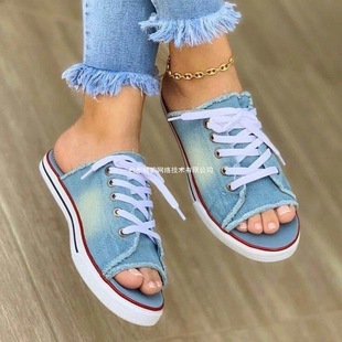 Foreign Trade Large Size Women's Shoes Summer New Large Size Denim Women's Sandals Cross Strap Flat Fish Mouth Sandals
