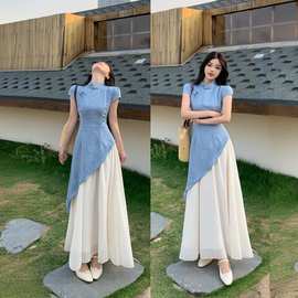 wxnh6906新中式蓝色假两件提花改良旗袍拼接收腰连衣裙女2025新款