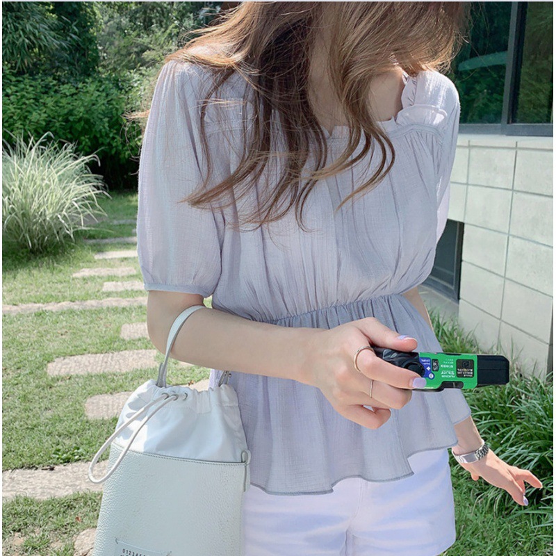 夏季新款韩国chic法式小众方领短袖雪纺衫女泡泡短袖衬衫短款上衣