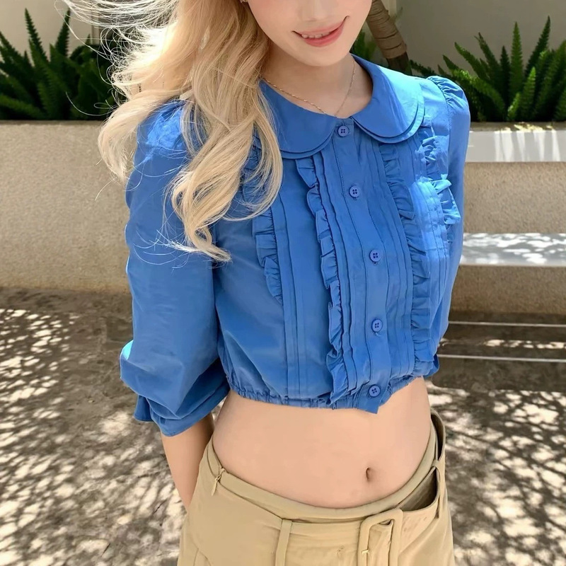 8Uioio Is Highly Recommended! 'Girl's Conversation' Blue Shirt for Women, New Summer Style, Sweet and Age-Reducing Doll Collar Top