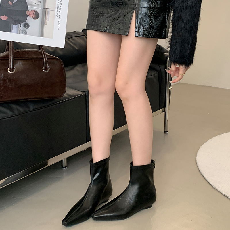尖头短靴女粗跟瘦瘦靴百搭小仙女2025秋冬新款软皮网低跟切尔西靴|undefined