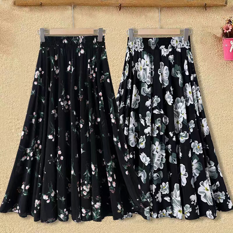 Middle-aged and old mother's new skirt elastic high waist color dress summer long 72 long square dance thin Middle-aged and old mother's new skirt elastic high waist color dress summer long 72 long square dance thin