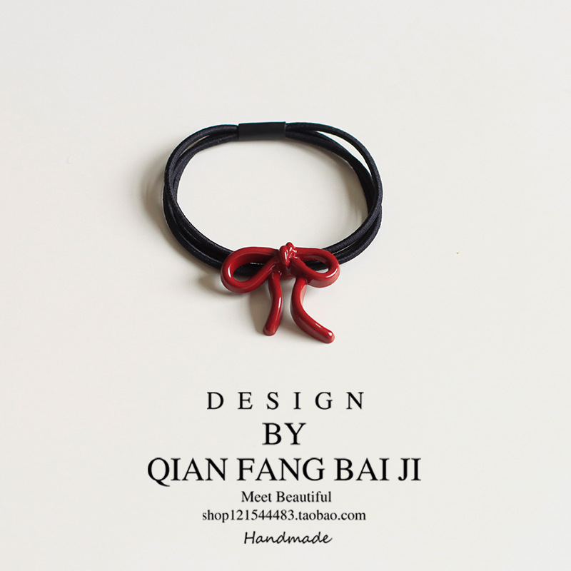 Burgundy retro elastic hair rope with bow