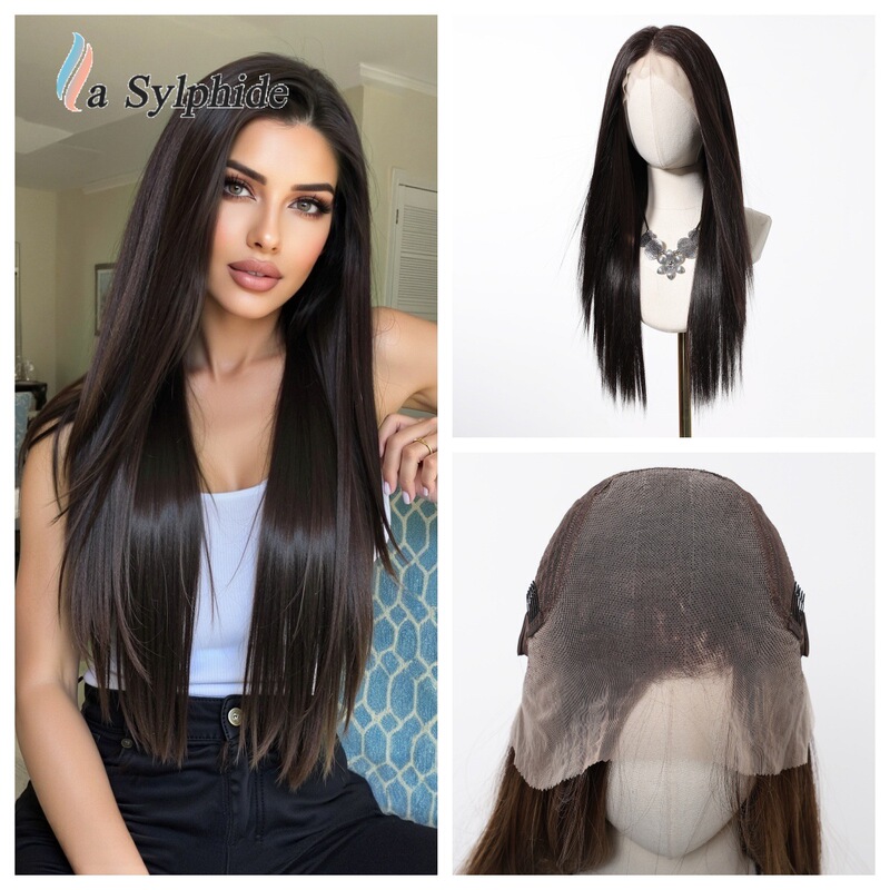 Cross-Border 13*6 High-Definition Lace Blue Fringe Wig Full Head Set with Free Parting Brown Medium-Length Straight Hair Matte High-Temperature Fiber