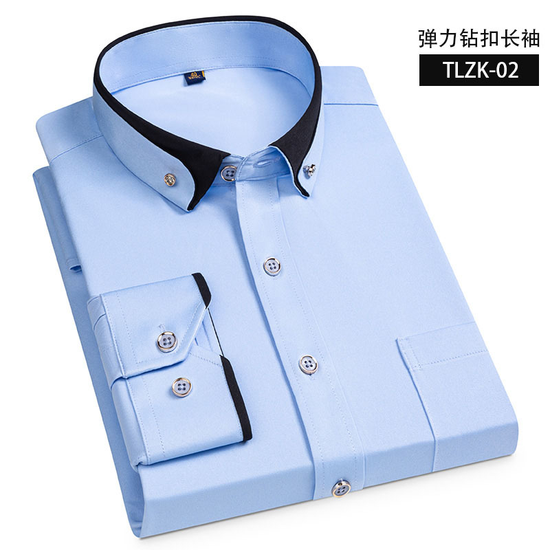 Camisa elástica de manga larga antiarrugas hebilla de diamante contraste color collar hombres de negocios casual Four Seasons camisa de bolsillo para hombre
