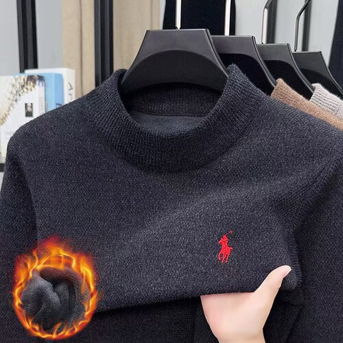 Men's winter round neck turtleneck sweater, padded and thick, business casual snow fox imitation warm slim fit knit base shirt