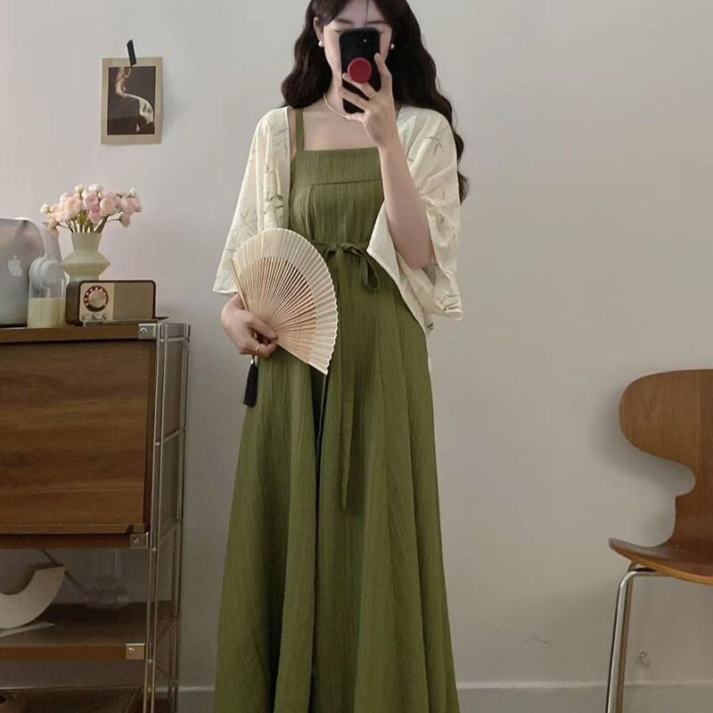 Plus-Size New Chinese-Style Ultra-Fairy Improved Hanfu Over-The-Knee Slimming Dress with National Style Cardigan Two-Piece Set