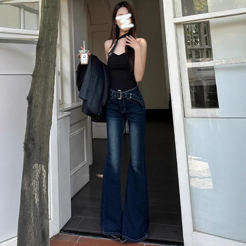 American Style Hot Girl 2025 Stretch Slim Fit Slim Fit Flared Jeans Women's Spring and Autumn Micro-lar Pants with Belt