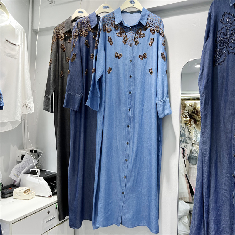 2026 Spring/Summer/Autumn European-Style Heavy-Duty Design Beaded Butterfly Design Loose Long-Sleeve Denim Shirt Dress Long Skirt