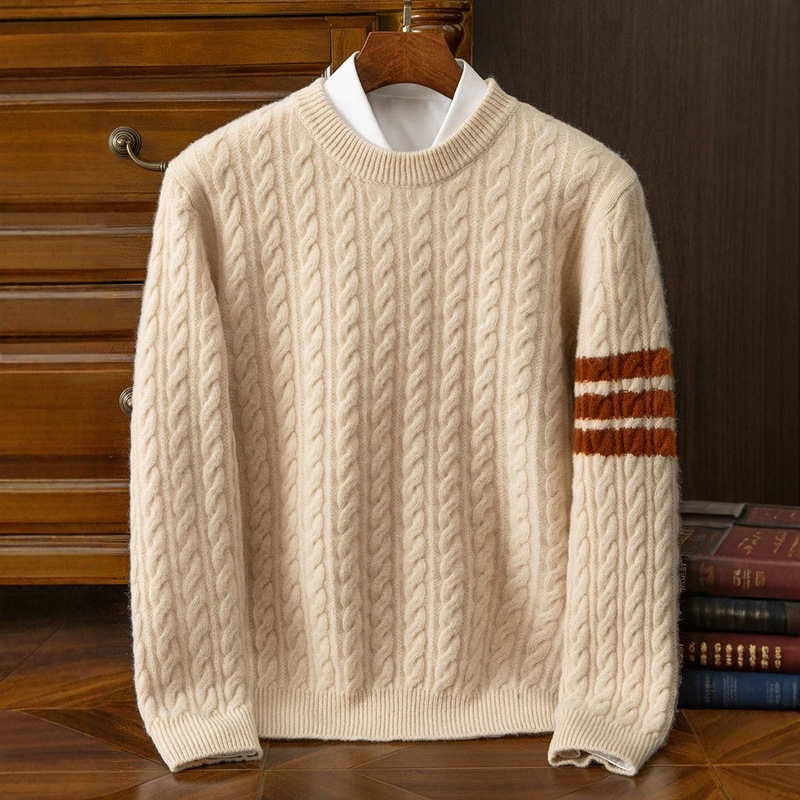 New autumn and winter collection: men's loose-fitting, round-neck, color-blocked, thickened wool sweater, suitable for casual and business wear, and can be worn as a base layer