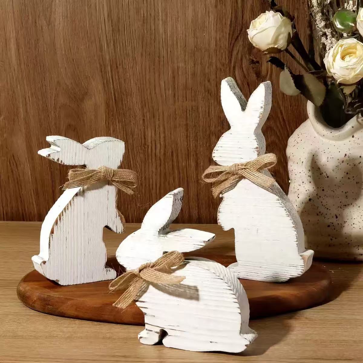 Wooden White Easter Decorative Ornaments Rabbit Festive Atmosphere Desktop Ornaments