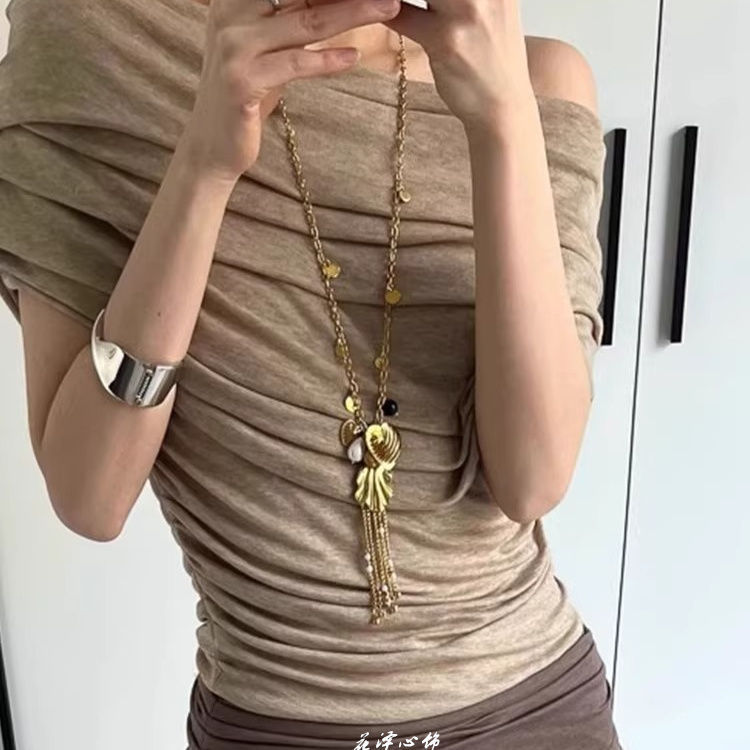 古早文艺风!金色贝壳流苏长款项链女度假风小众毛衣链复古高级感|undefined