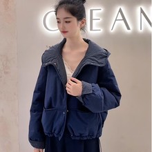 高端欧货学院风连帽撞色棉服秋冬小个子宽松保暖外套黄色加厚棉衣