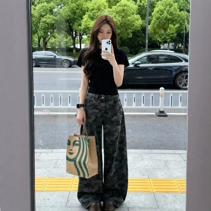 American Retro Camouflage Workwear Jeans for Women 2026 Spring/Summer Design Loose Lazy Style Wide-Leg Floor-Length Pants