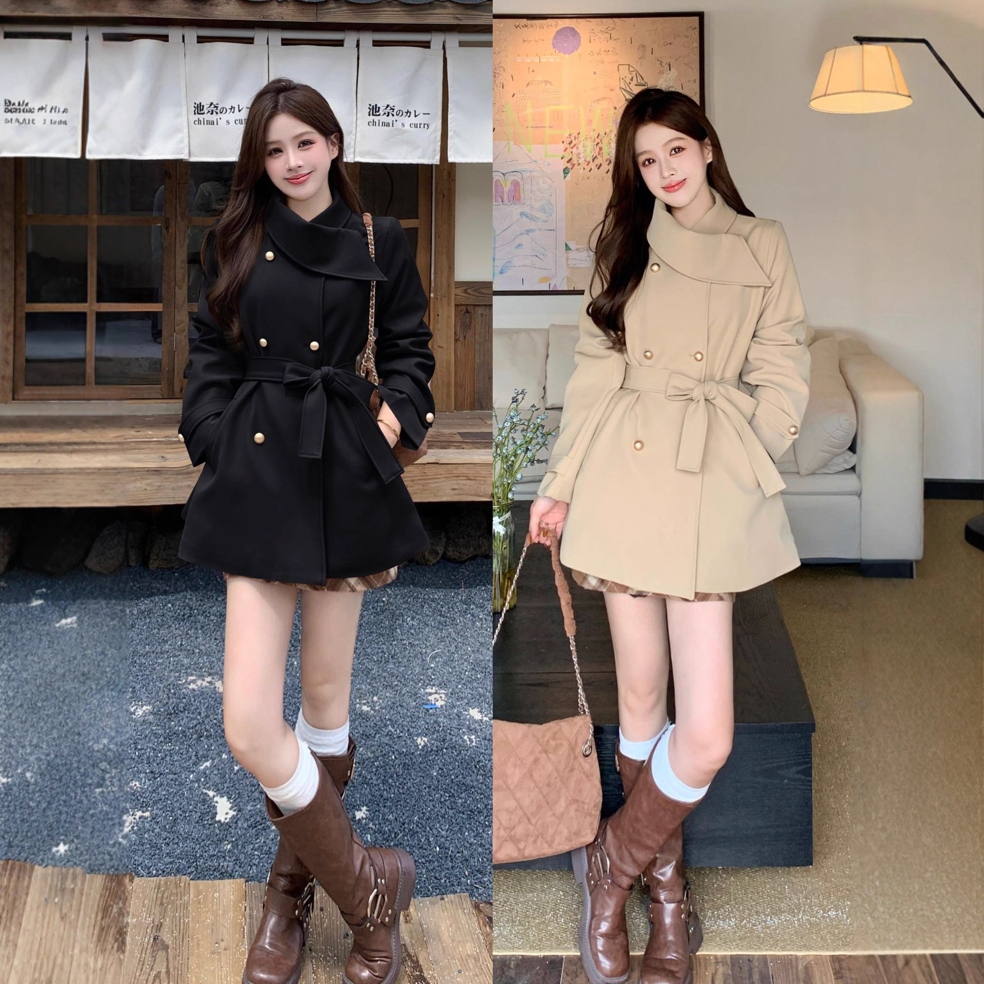 2025 Plus Size Autumn Korean Drama Heroine Celebrity Style Internet Celebrity Slimming Look Scarf Design Black Windbreaker Jacket Women's Coat