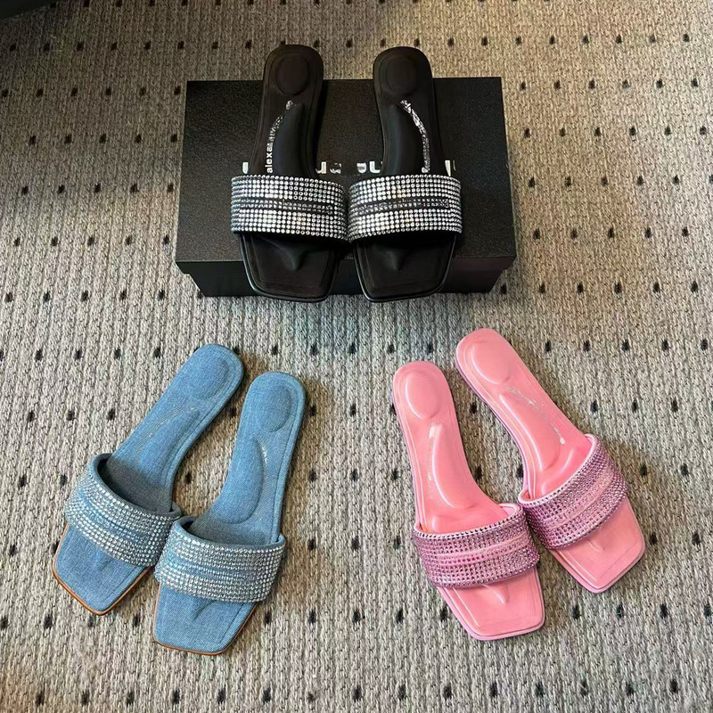 Aw Bv Rhinestone Flats Slippers for Women's Outer Wear 2025 Summer New Fashion Square Toe Open-Toe Beach Sandals