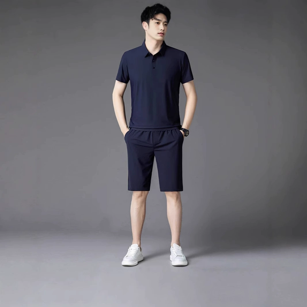 2025 Летний спортивный костюм для бега с эффектом льда, мужская футболка с лацканами из тонкого ледяного шелка, мужской повседневный костюм оптом