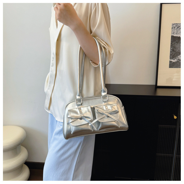 Handbag Korean solid color bow this week niche design baguette bag simple versatile commuter texture bag women