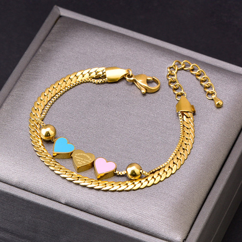 Titanium steel trendy three-pink blue love necklace double-layer snake bone chain peach heart bracelet three-dimensional geometric hand jewelry