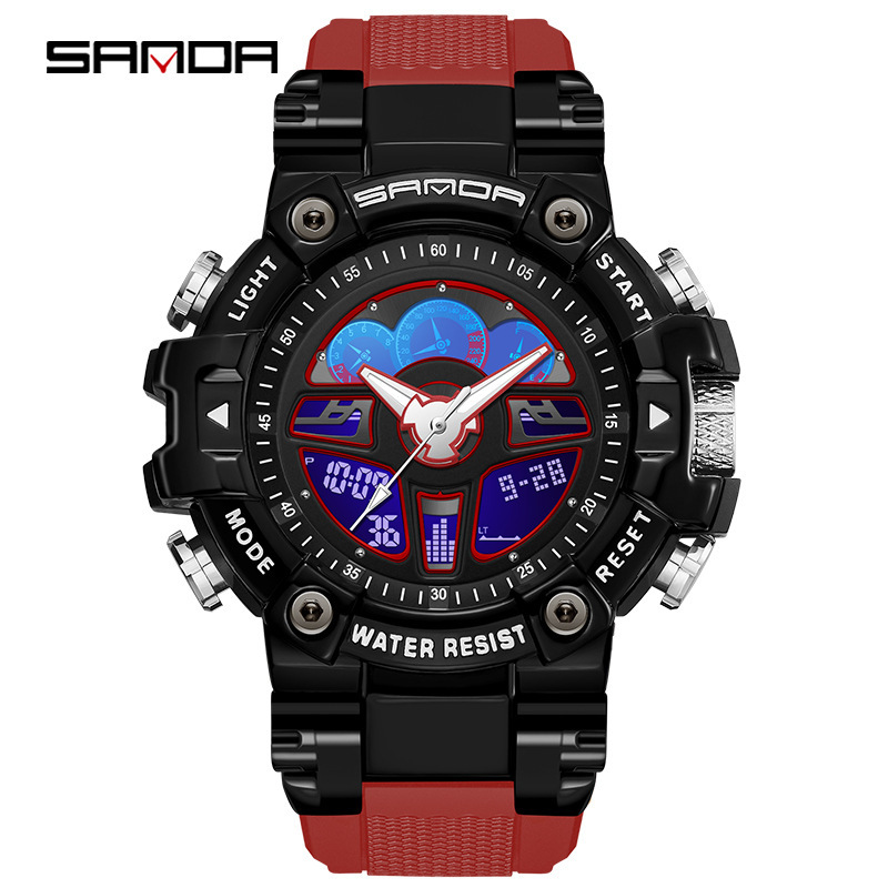 Sanda hasta mano luz reloj negro tecnología multi-funcional volante deportes volante reloj de alarma impermeable reloj masculino 3156