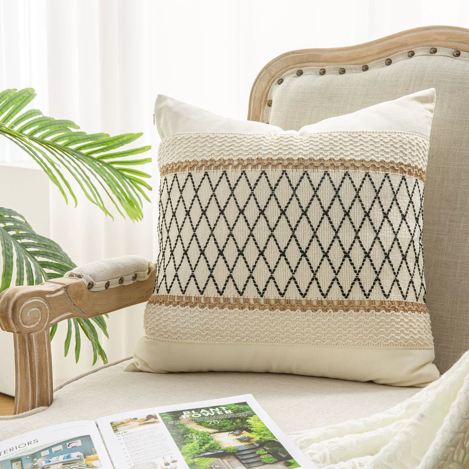 Cotton pillow, pillowcase for side table, sofa, boho style, cotton and linen, Amazon