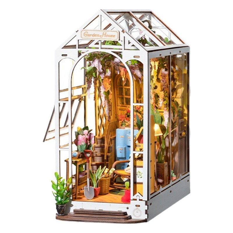 Ruolai Holiday Flower House Book stand DIY cabaña de madera ensamblada modelo tridimensional casa juguete bloques de construcción de madera rompecabezas