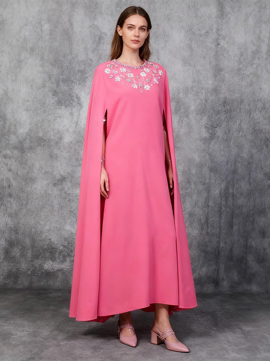Elegant French-Style Cape Dress With Rhinestone Details - Flowy Batwing Sleeve Maxi Dress For Women, Soft Pink Pure Color Stretch_ecoleips.com