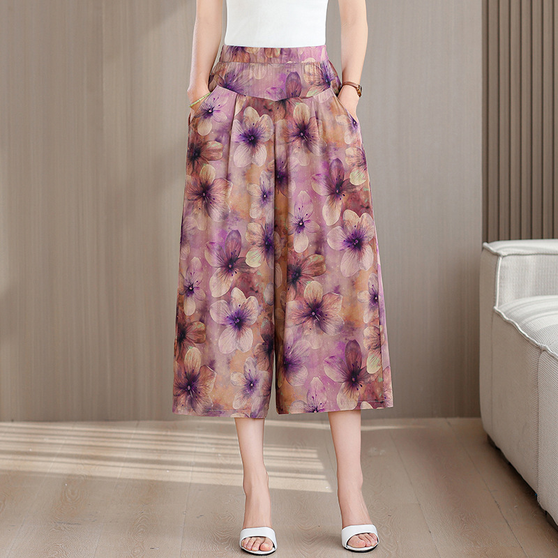 Summer New Cotton Silk Pants for Middle-Aged and Elderly People with Elastic Waist and Colorful Nine-Point Pants for Mothers, Floral Wide-Leg Pants