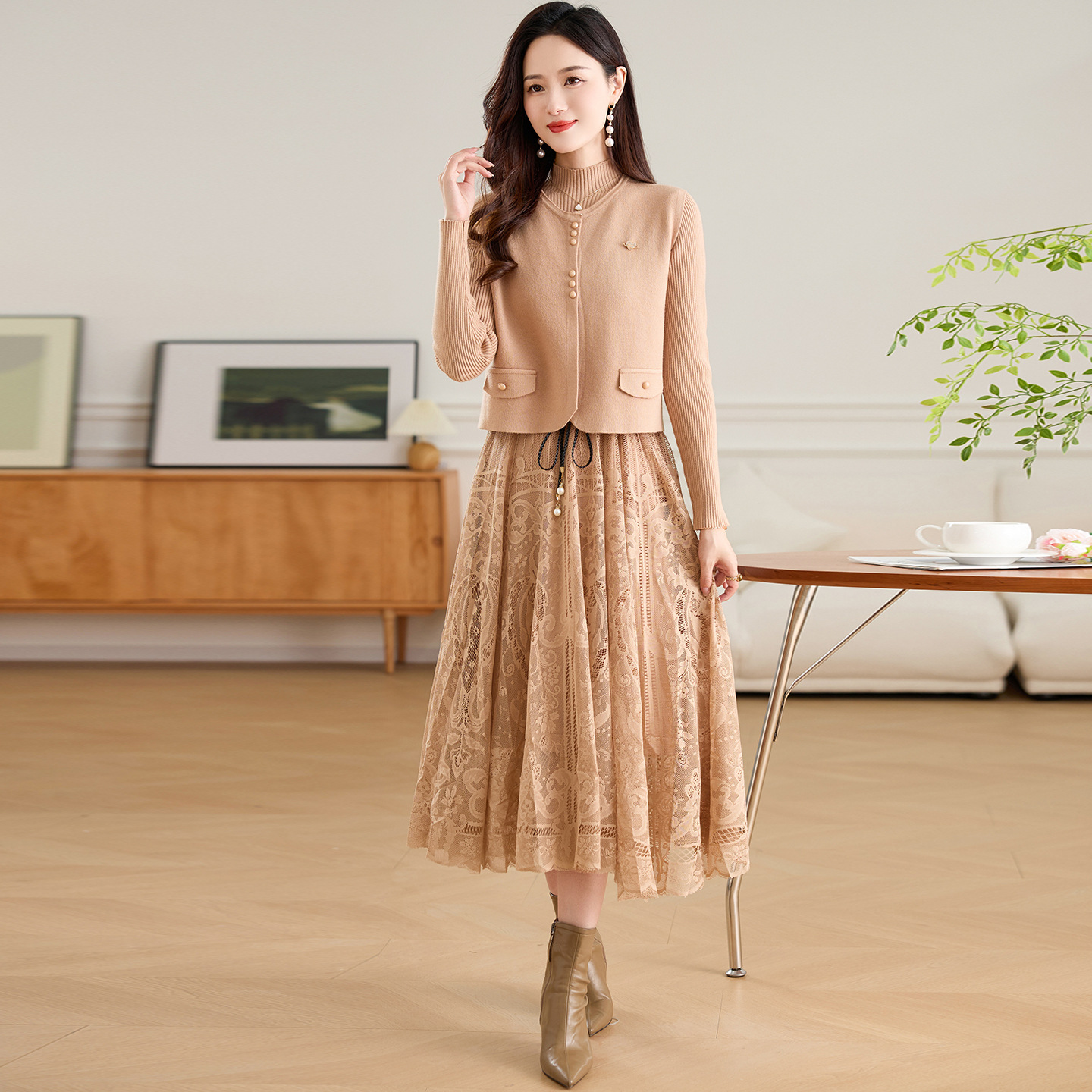 Vestido de tejido de encaje de dos piezas para mujeres de otoño y invierno con abrigo de lana de madres de mediana edad con falda de base
