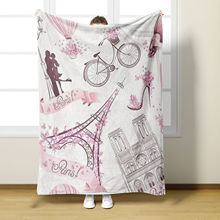 跨境粉色巴黎塔浪漫旅行法兰绒粉色女孩毛毯柔软毛绒沙发午睡盖毯