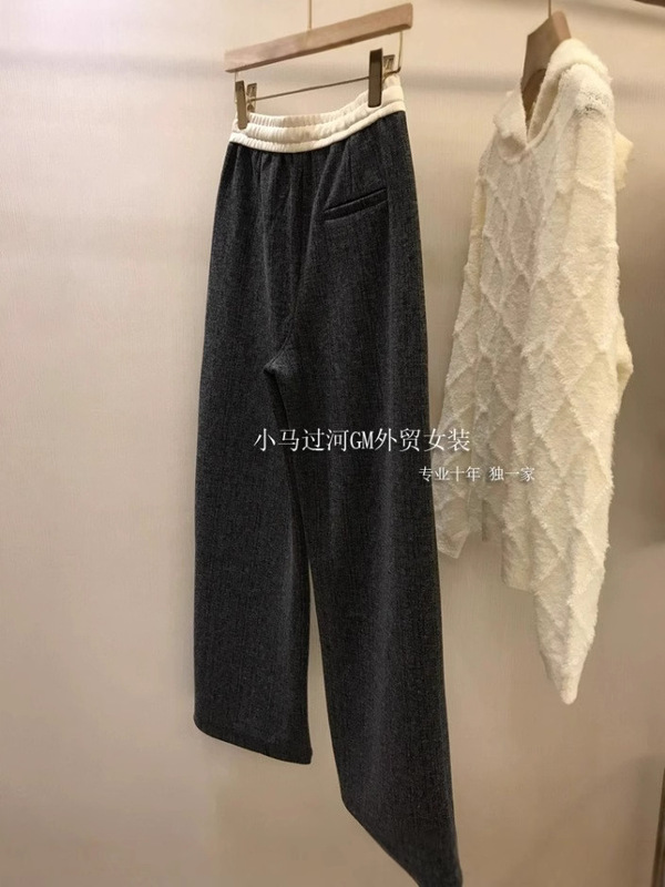 自留，织理感满满！厚实~时髦撞色腰刺绣点睛人字纹直筒阔腿裤女|undefined