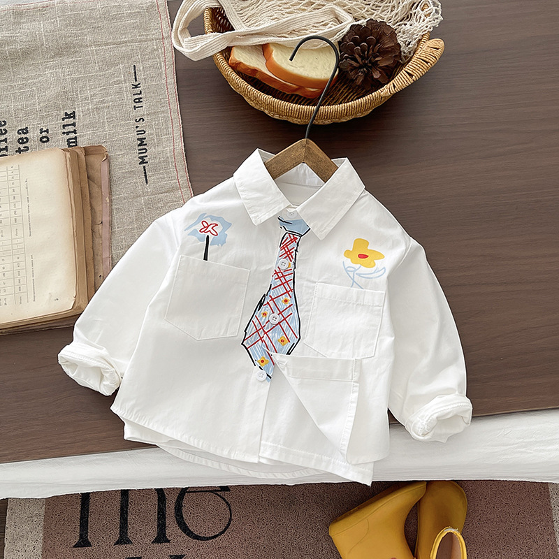 Boys' shirts, children's tops, 2026 spring new style, simple shirts, fun preppy style graffiti shirts, trendy spring wear.