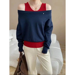 司南 博主私服 小众设计感撞色针织背心一字肩叠穿两件套 SN8230