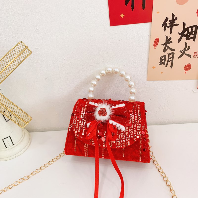 Bagos rojos perfumados para niñas bolsos de hombro con sequillas de perlas, bolsos para niños, bolsos de Año Nuevo para niños