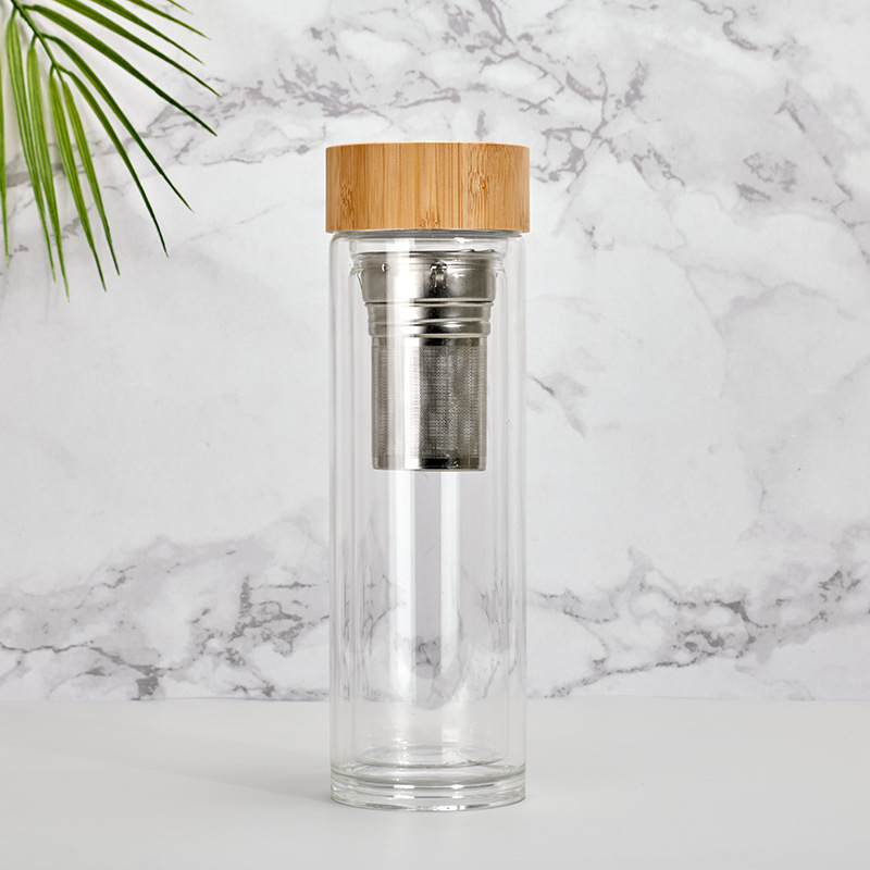 Comercio exterior transfronterizo cubierta de bambú vidrio de gran capacidad de doble capa de borosilicato transparente taza de agua taza de regalo Shell logotipo impreso