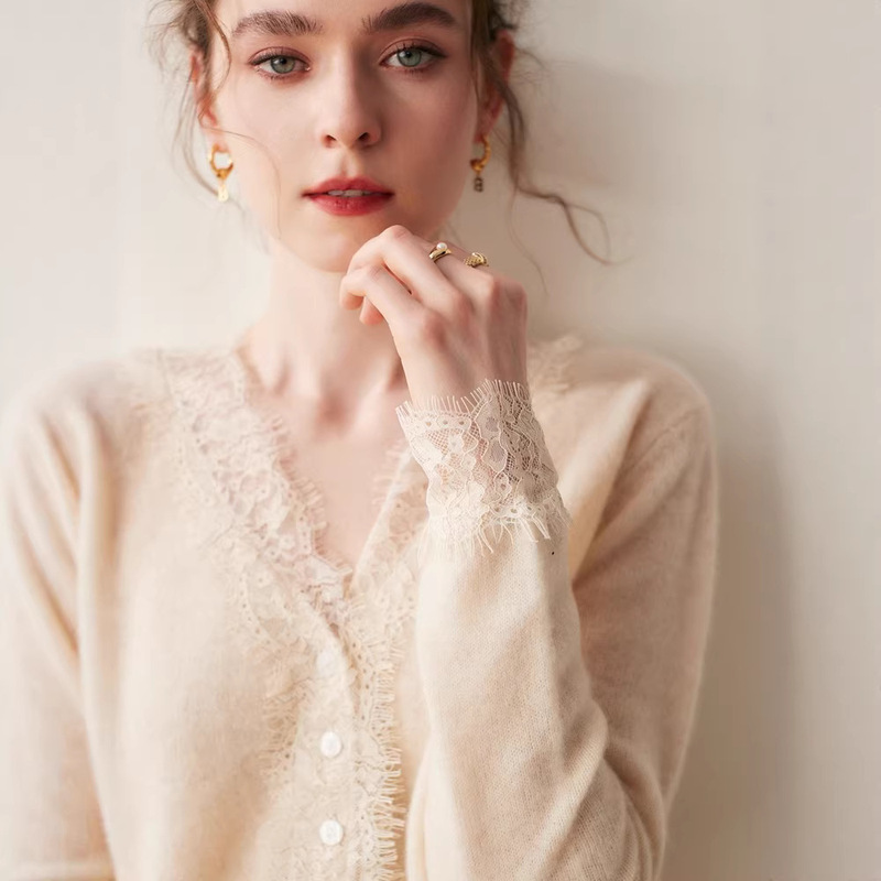 Lace Trim V-Neck Cardigan for Women, Cashmere, Fashionable, Loose Fit, Plus Size, Thin Knit Sweater Jacket