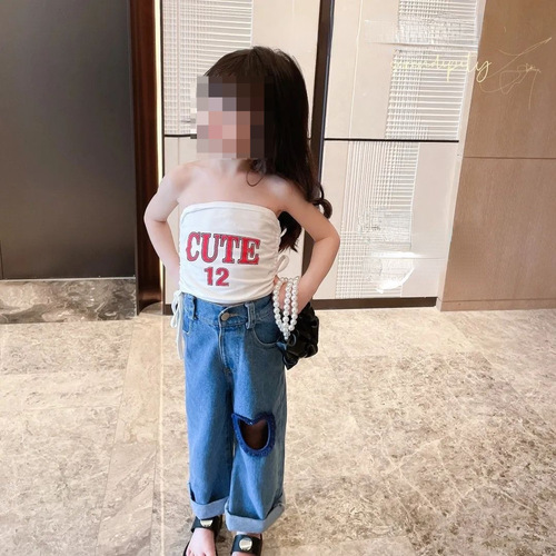 New  Summer Stylish Letter Print Girls' T-shirt Blouse Top with Straps - Model 0056