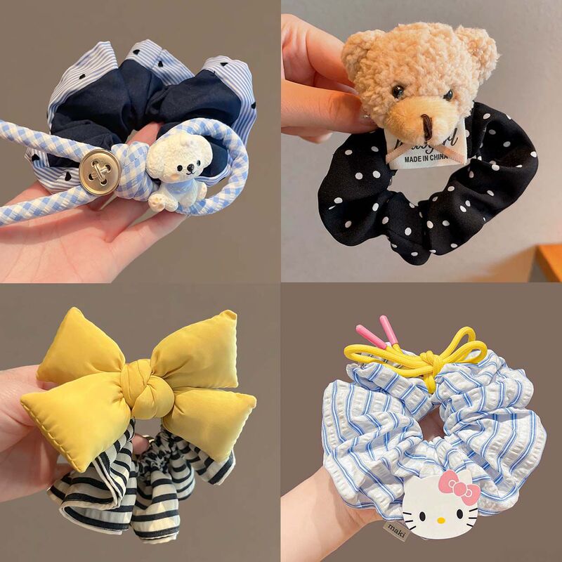 Cute Puppy Blue Plaid Bow Hair Tie Navy Fabric Hair Ring 2025 New Style Hair Rope Summer Fresh Style