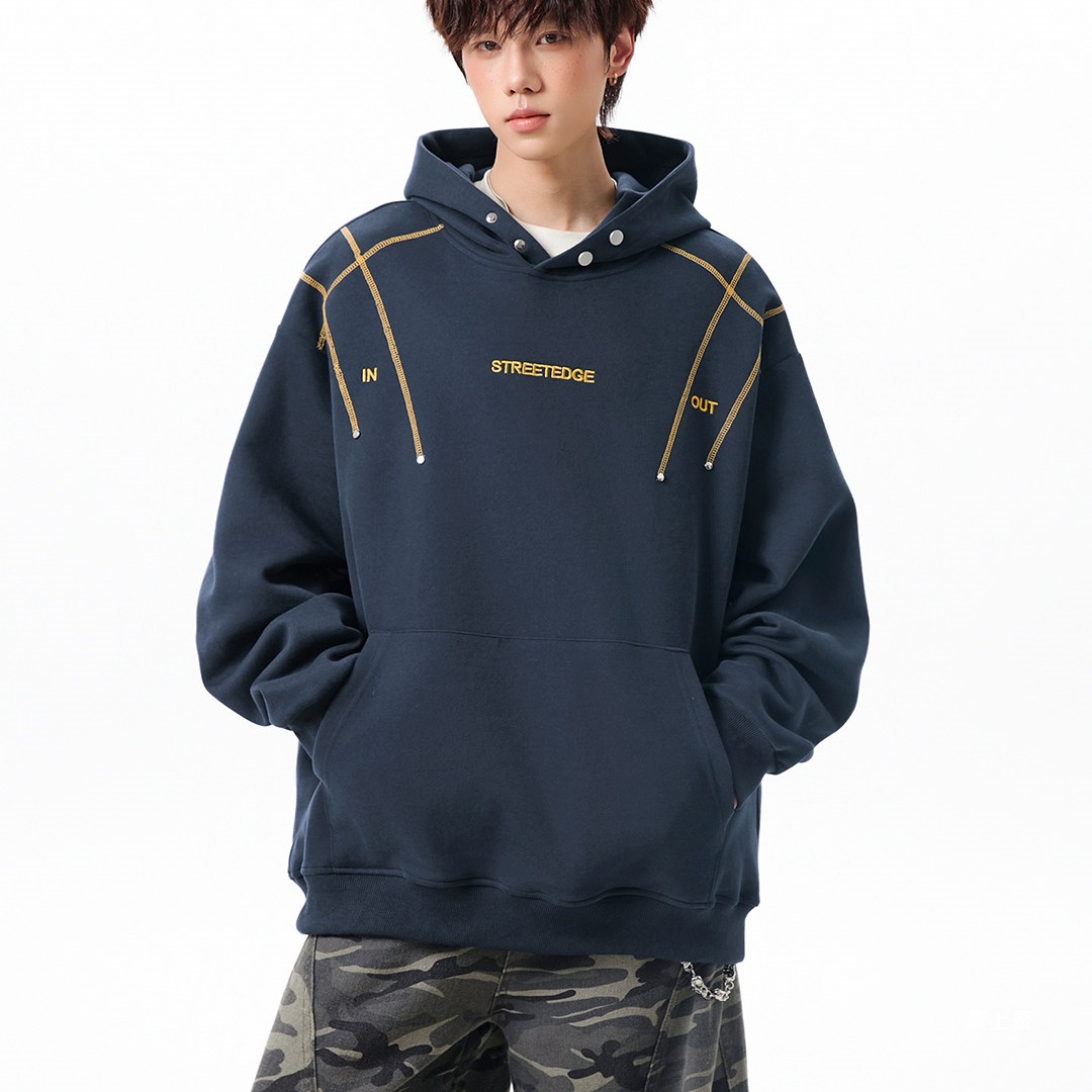 American-style, open-stitch design, rivet-embroidered hooded sweatshirt for men, autumn collection, trendy oversized casual hoodie