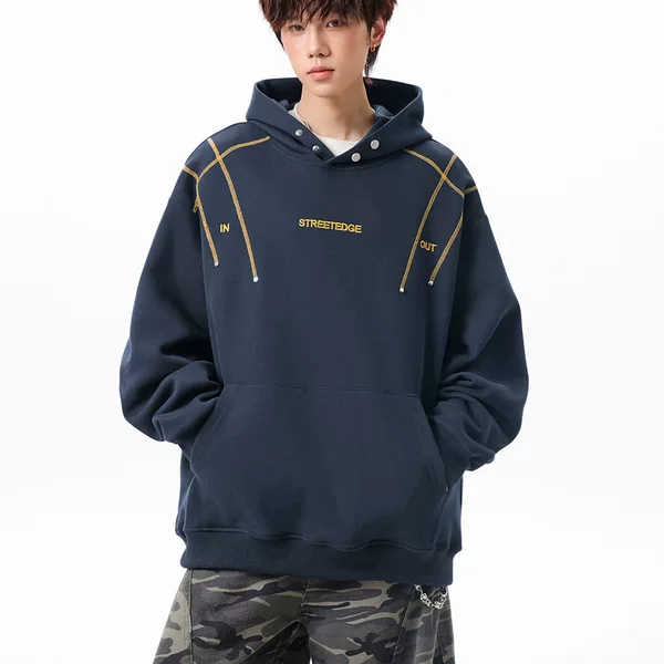 American-style, open-stitch design, rivet-embroidered hooded sweatshirt for men, autumn collection, trendy oversized casual hoodie